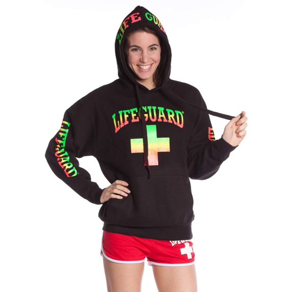 LIFEGUARD Officially Licensed Black Sweatshirt with Neon Blend Print on Hood Sleeves and Chest Men and Women Unisex Fit (Black-Miami Beach, XXL)