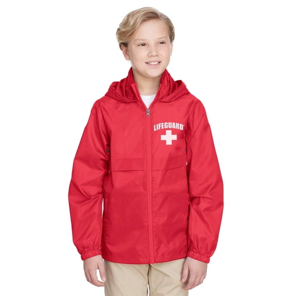 LIFEGUARD Officially Licensed Boys Girls Youth Kids Water Resistant Rain Jacket with Zipper and Hood (M) Red