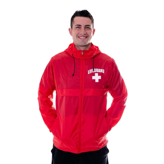LIFEGUARD Officially Licensed Mens and Womens Unisex Fit Zipper-up Windbreaker Water Resistant Rain Jacket with Hood (L) Red