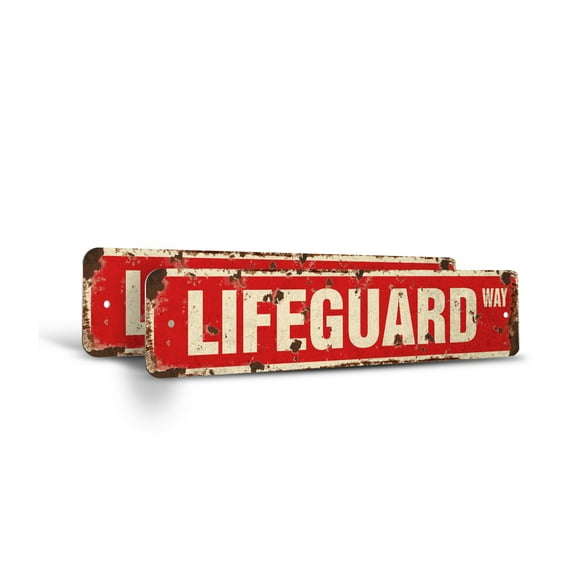 LIFEGUARD Vintage Style Rustic Street Sign – (2 Pack) Swimming Pool Lake Ocean Life Retro Decorative Wall Sign for Home, Bar, Garage, or Outdoor Use | 4" X 18" Plastic Road Sign