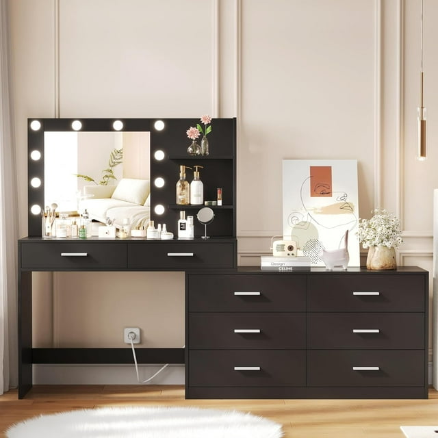 LIFEI 65" Vanity Desk with Lighted Mirror and Lights, 8 Drawers Makeup