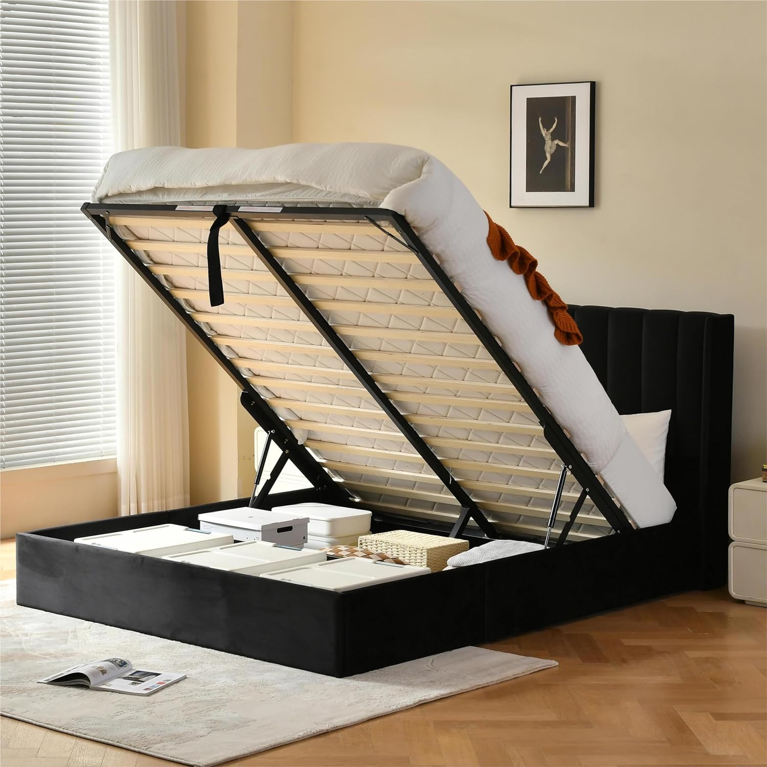 LIFEI Queen Size Hydraulic Storage Bed, Upholstered Platform Bed Frame