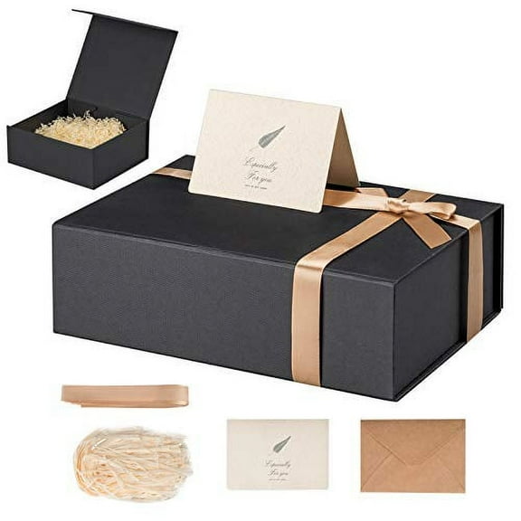 LIFELUM Gift Box 2 Pack 11 x 8 x 4 Inches?Large Gift Box with Lid Black Groomsman Gift Boxes with Magnetic Lid for Presents Contains Card, Ribbon, Shredded Paper Filler Gift Box