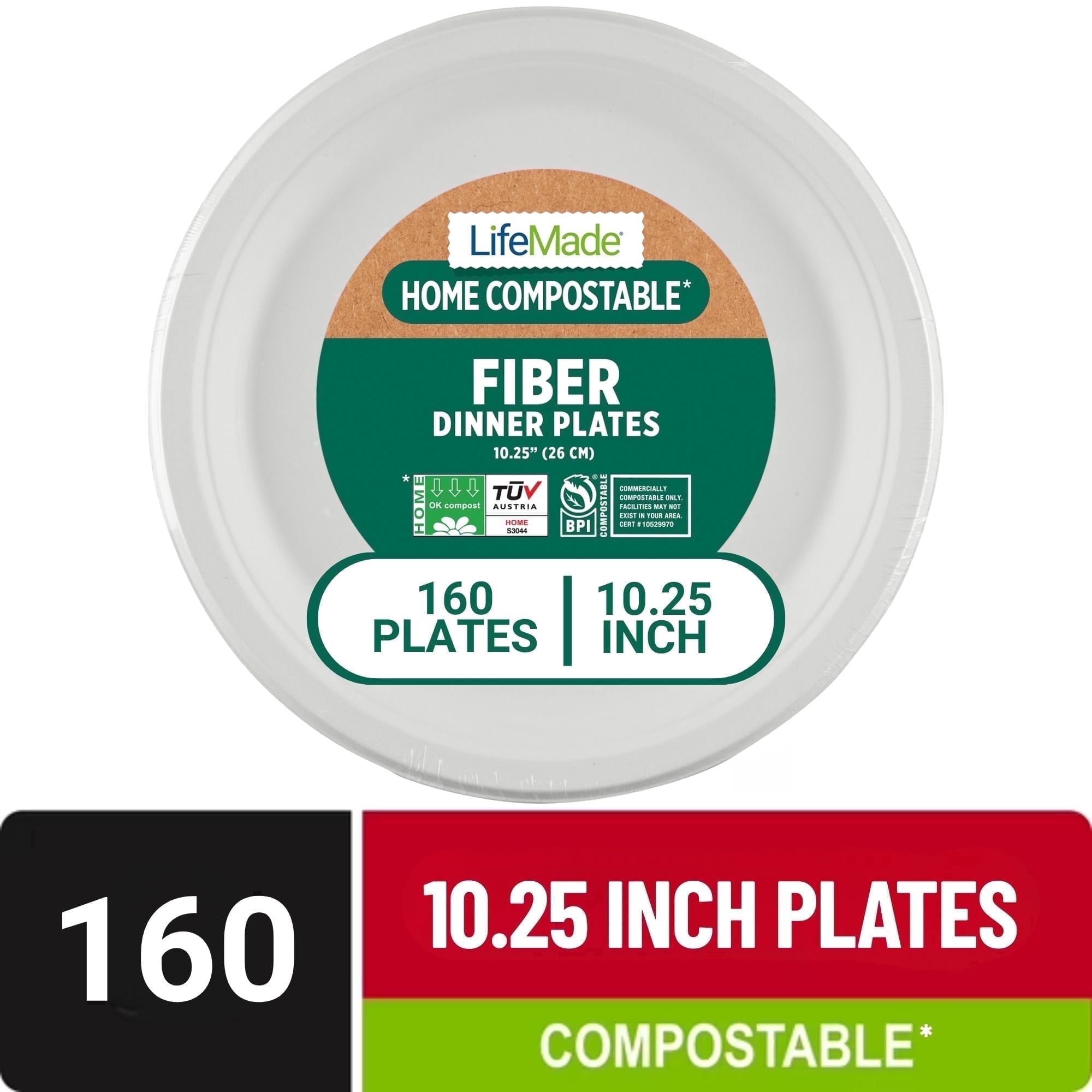 LifeMade 160 Count 10.25 in Dinner Plate Compostable Heavy-Duty Fiber, Home and Commercial Disposable