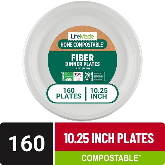 LifeMade 160 Count 10.25 inch Dinner Plate Compostable Heavy Duty Fiber, Home and Commercial Compostable