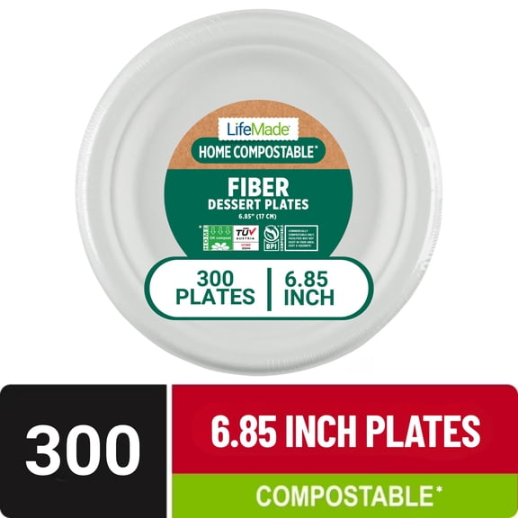 LifeMade Home (TUV OK compost HOME Certified) and Commercially Compostable (BPI Certified) 6.85 Inch Dessert Plates - 10 Bundles of 30 Dessert Plates per Case