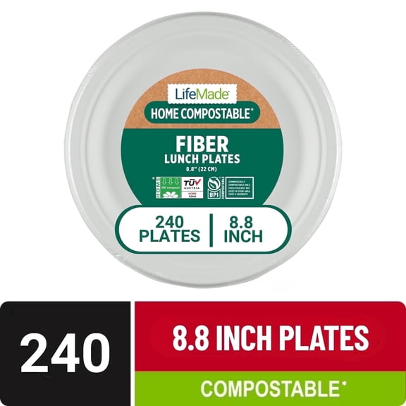LifeMade 240 Count 8.8 in Lunch Plates Disposable Heavy-Duty Fiber, Home and Commercial Compostable