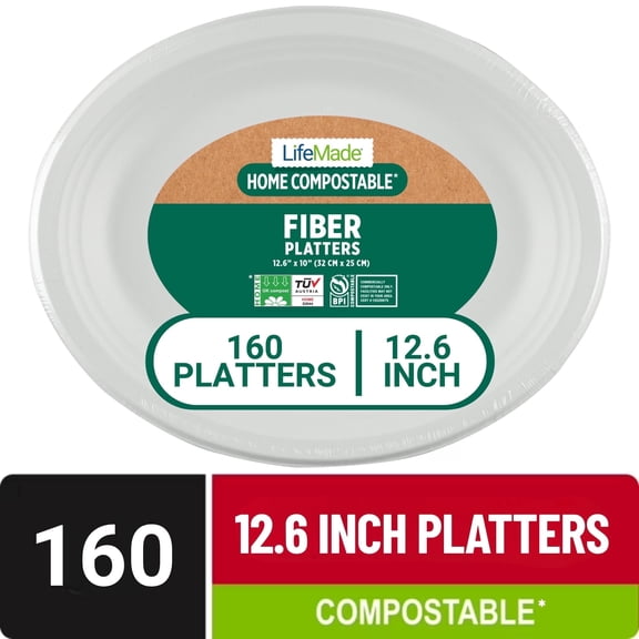 LIFEMADE® Home (TUV OK compost HOME Certified) and Commercially Compostable (BPI® Certified) 12.6 Inch Platters - 8 Bundles of 20 Platters per Case