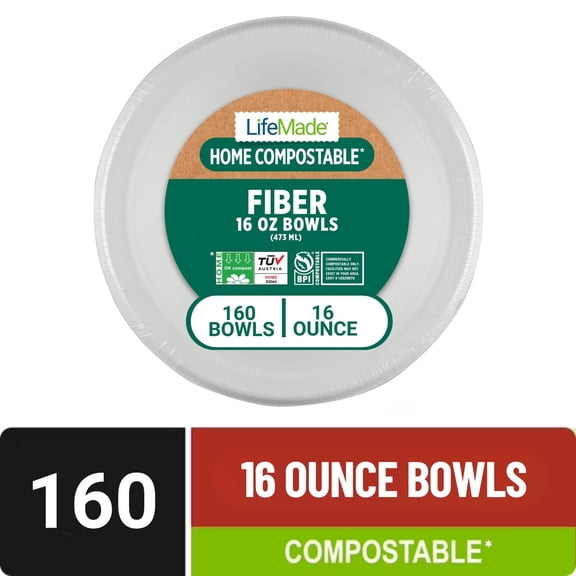 LifeMade® Home (TUV OK compost HOME Certified) and Commercially Compostable (BPI® Certified) 16 oz Bowls - 8 Bundles of 20 Bowls per Case