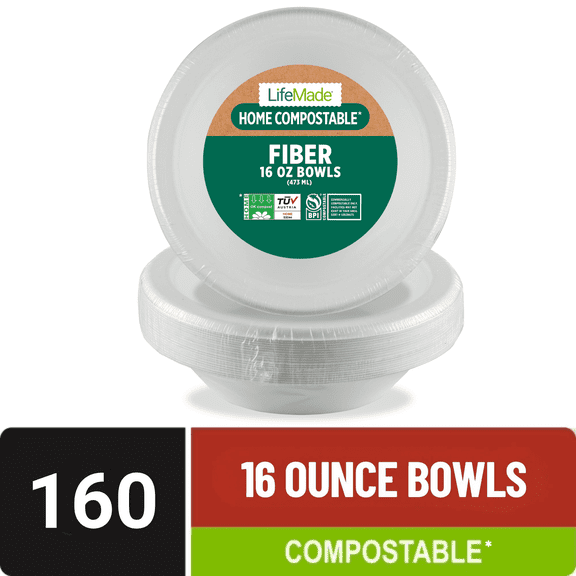 LifeMade 160 Count 16 oz Bowls Disposable Heavy-Duty Fiber, Home and Commercial Compostable