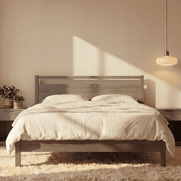 LIFEMENT Full Signature Wood Platform Bed Frame with Gray Headboard, Noise-Free, Under Bed Storage, No Box Spring Needed, Easy Assembly