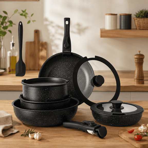 LIFERECORD 12-Piece Nonstick Pots and Pans Set, Granite Coating Cookware Set with Detachable Handle, Induction Compatible, Oven & Dishwasher Safe, Includes Frying Pans, Saucepan & Utensils Black
