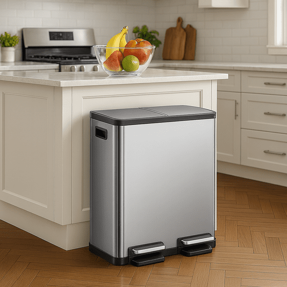 LIFERECORD 16 Gallon (30L x 2) Dual Compartment Step Trash Can, with Slow-Close Lids, Plastic Inner Buckets, Hands-Free, Easy to Clean, Stainless Steel for Kitchen, Bedroom, Living Room