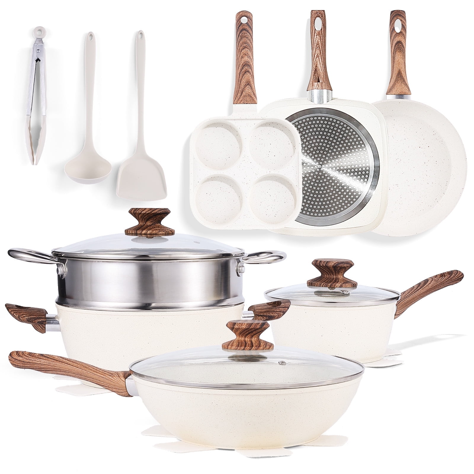 LIFERECORD 17-Piece Non-Stick Cookware Set - Induction Compatible Pots ...