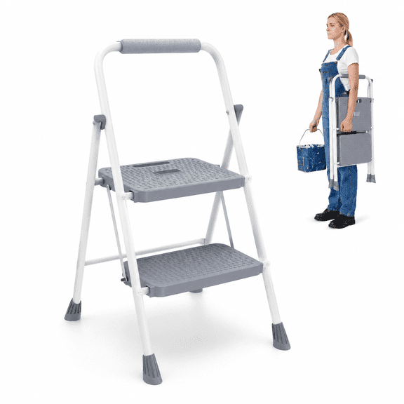 LIFERECORD 2 Step Ladder, Folding Step Ladder with Cushioned Handle, Wide Anti-Slip Pedal, Ergonomic Design, Lightweight, Portable Step Stool