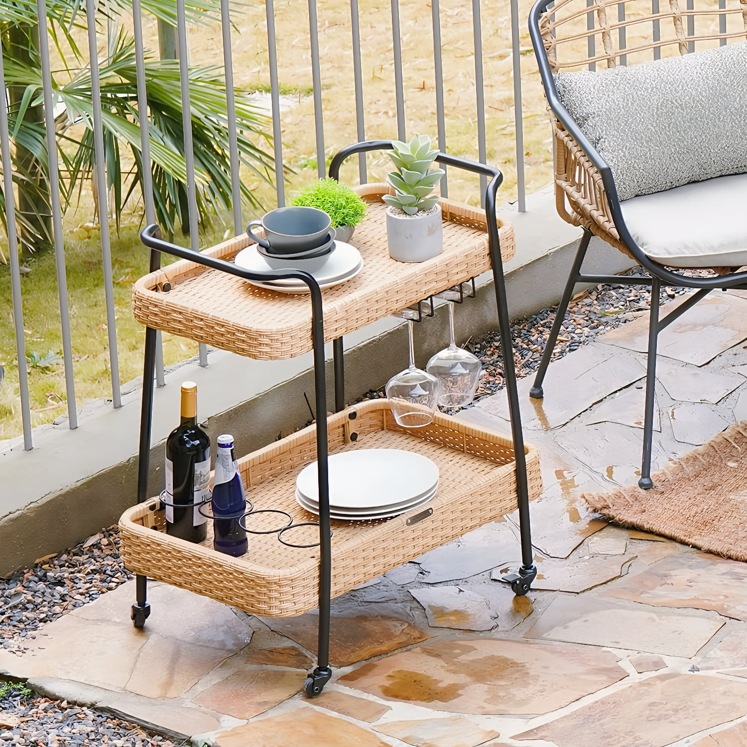 LIFERECORD 2-Tier Rolling Bar Cart with Wheels, Outdoor Indoor Rattan ...