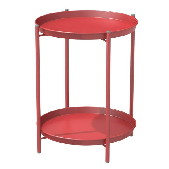 LIFERECORD 2-Tier Round Metal End Table with Removable Tray – Small Space-Saving Side Table for Living Room, Bedroom, Balcony, Patio, Red