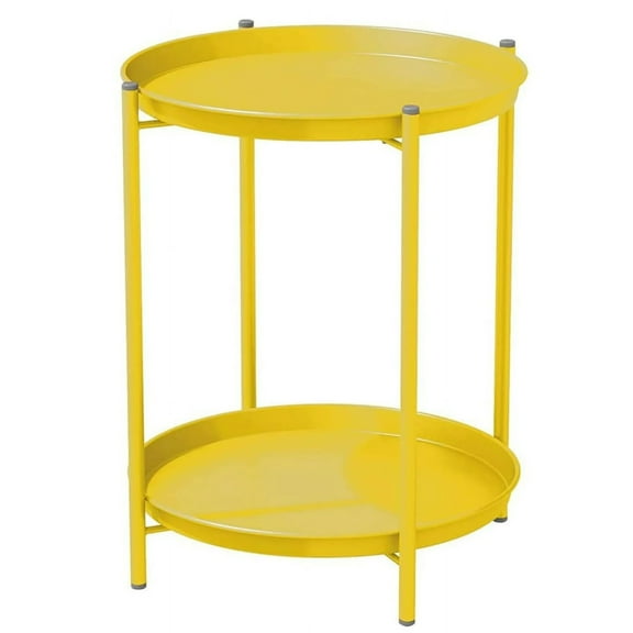 LIFERECORD 2-Tier Round Metal End Table with Removable Tray – Small Space-Saving Side Table for Living Room, Bedroom, Balcony, Patio, Yellow