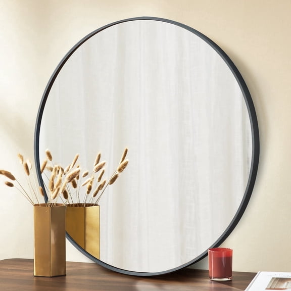 LIFERECORD 24" Round Mirror, Wall Mounted Circle Mirror with Brushed Aluminum Alloy Frame for Vanity, Entryway, Bathroom, Living Room, Black
