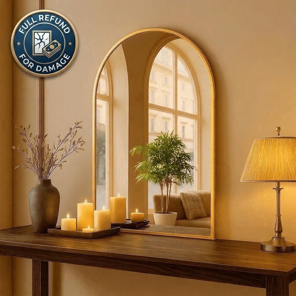 LIFERECORD 26x38 Arched Gold Bathroom Mirror, Shatterproof Wall Vanity Mirror with Matte Metal Frame, Reinforced Packaging