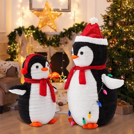 LIFERECORD 2PC Lighted Penguin Family, 3ft Pop-Up Outdoor Christmas Holiday Decoration w/ 150 LED Lights, Multicolored Lights - Red