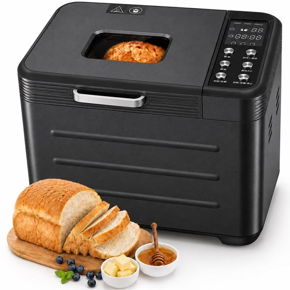 LIFERECORD 2lb Bread Maker Machine, 21-in-1 Automatic Bread Maker with 360° Powerful Circulation Baking, Smart Touch Panel, 3 Loaf Sizes, 3 Crust Colors Stainless Steel, Black