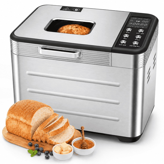 LIFERECORD 2lb Bread Maker Machine, 21-in-1 Automatic Bread Maker with Powerful Circulation Baking, Smart Touch Panel, 3 Loaf Sizes, 3 Crust Colors Stainless Steel, Silver