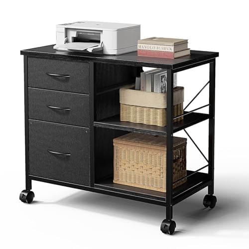 LIFERECORD 3-Drawer Cabinet with Wheels,Fabric Dresser with Wood Top and Shelves, Chest of Drawer Organizer Storage Cabinet, Bedside Table, Dark Black