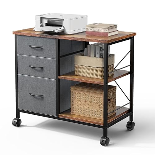 LIFERECORD 3-Drawer Cabinet with Wheels,Fabric Dresser with Wood Top and Shelves, Chest of Drawer Organizer Storage Cabinet, Bedside Table, Brown