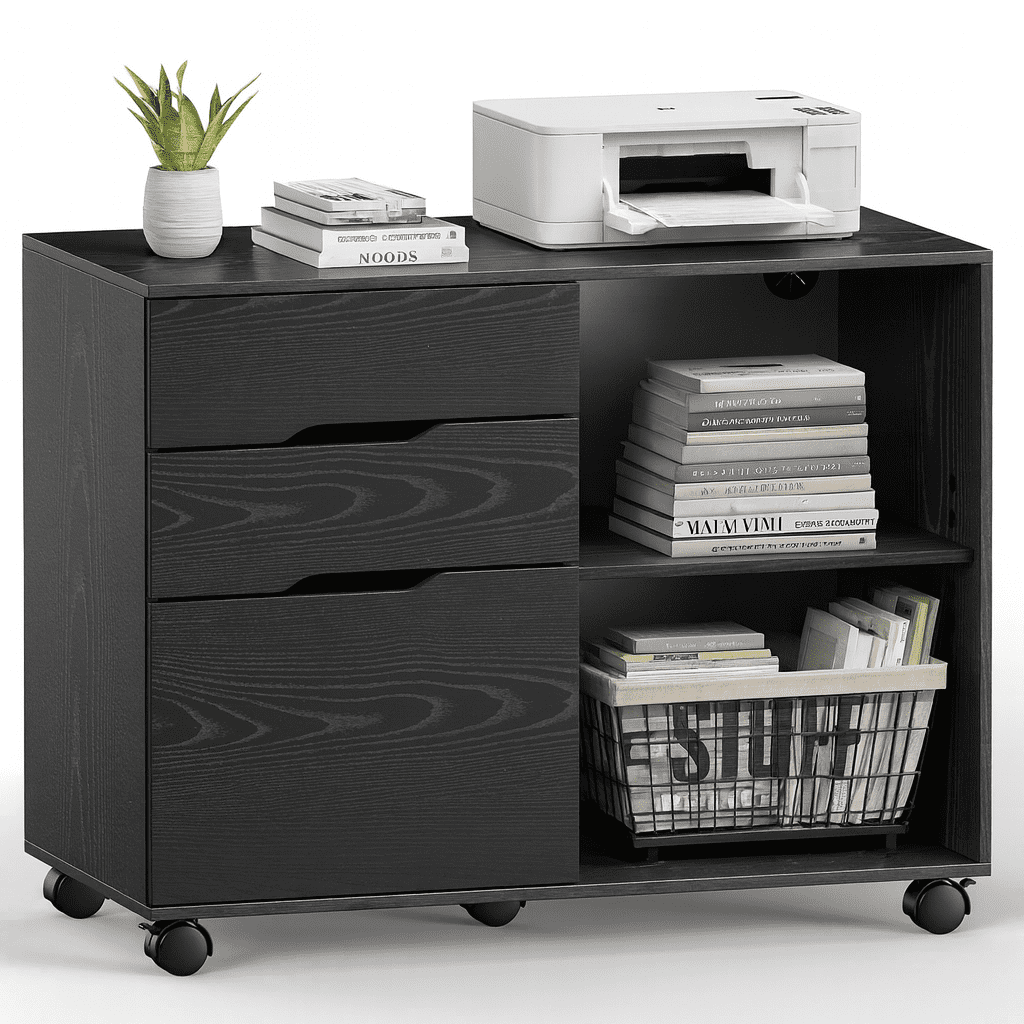 LIFERECORD 3-Drawer Lateral File Cabinet with Wheels, Mobile Rolling File Cabinet with Adjustable Shelf, Printer Stand for Home Office, Under Desk Storage Organizer, Wood Filing Cabinet Black