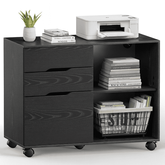 LIFERECORD 3-Drawer Lateral File Cabinet with Wheels, Mobile Rolling File Cabinet with Adjustable Shelf, Printer Stand for Home Office, Under Desk Storage Organizer, Wood Filing Cabinet Black