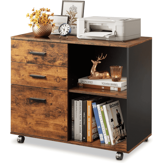 LIFERECORD 3-Drawer Rolling File Cabinet with Open Shelf, Fabric Filing Storage for Home Office, Black