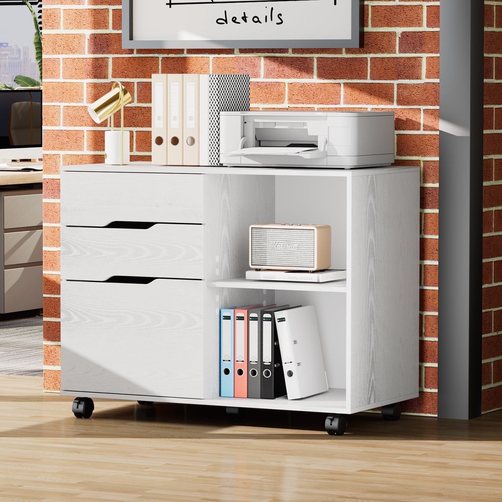 LIFERECORD 3-Drawer Wood File Cabinet with Wheels Under Desk Mobile Storage Organizer White