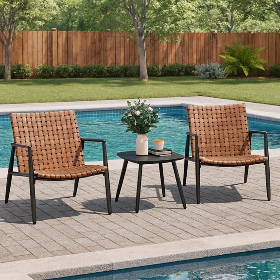 LIFERECORD 3-Piece Outdoor Bistro Set, Wicker Patio Furniture 2 Chairs + Side Table, Brown Leather-Look Seating For Garden, Backyard, Balcony
