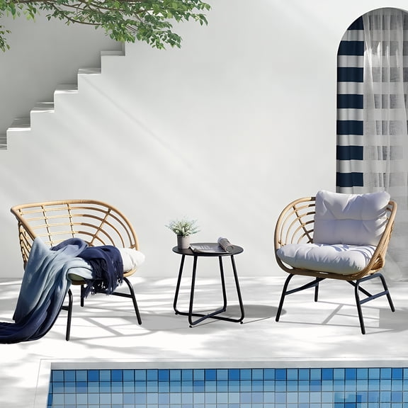 LIFERECORD 3-Piece Outdoor Wicker Patio Set with Coffee Table, Patio Furniture Set with Thick Beige Cushions, All-Weather Conversation Set for Garden, Porch, Backyard