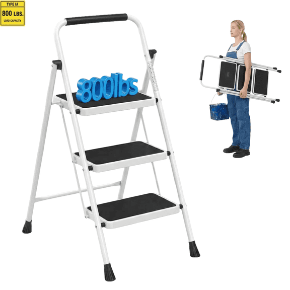 LIFERECORD 3 Step Ladder, 800lbs Capacity Heavy Duty Folding Step Stool with Anti-Slip Pedal & Handrail, Ultra-Thin for Kitchen, Garage, Bathroom, Home Storage
