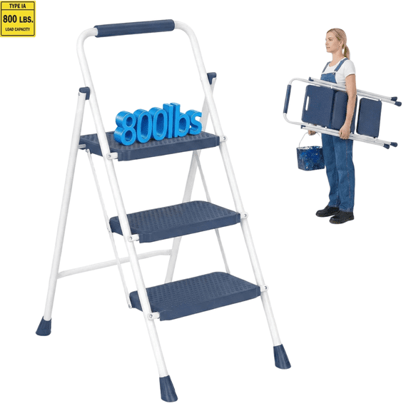 LIFERECORD 3 Step Ladder with Safety Lock, 800lbs Capacity Folding Step Stool, Non-Slip Wide Pedals & Handrail, Lightweight for Home Kitchen, Pantry, Garage, Indoor Outdoor