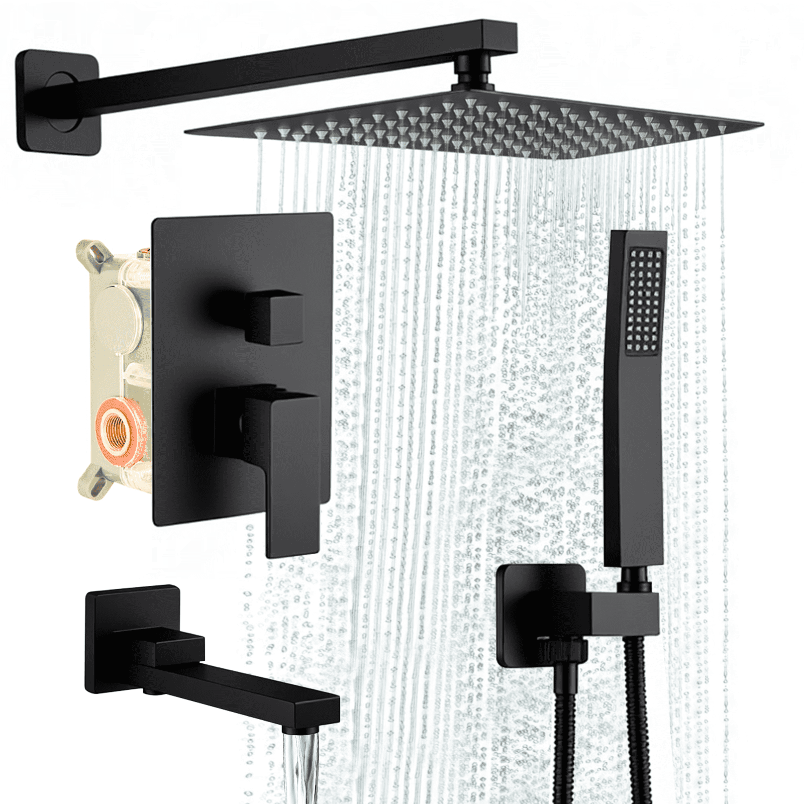 LIFERECORD 3-in-1 Matte Black Shower System with Rainfall Shower Head, Handheld Shower & Tub Spout, Adjustable Bathroom Shower Fixture with Brass Rough-In Valve, Easy Clean Silicone Nozzles