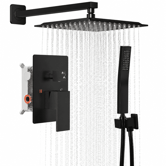 LIFERECORD Matte Black Shower System with Rainfall Shower Head, Handheld Shower, Adjustable Bathroom Shower Fixture with Brass Rough-In Valve, Easy Clean Silicone Nozzles