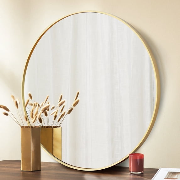 LIFERECORD 30" Round Mirror, Wall Mounted Circle Mirror, Vanity Mirror with Brushed Aluminum Alloy Frame for Entryway, Bathroom, Living Room, Gold