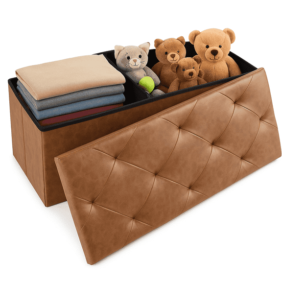LIFERECORD 43 Storage Ottoman Foldable Faux Leather Stool 660 lb Capacity Brown