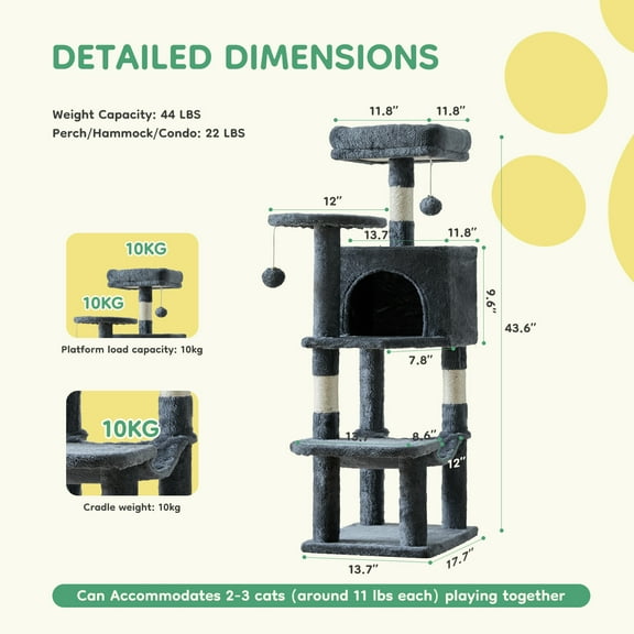 LIFERECORD 44in Multi Level Cat Tree Tower with Scratching Posts Large Top Perch and Hammock Gray