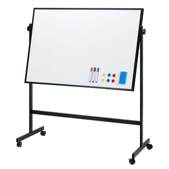 LIFERECORD 46"x32" Double-Sided Magnetic Mobile Whiteboard, Rolling Dry Erase Board Easel Stand on Wheels with Aluminium Frame for School Office Home, Black
