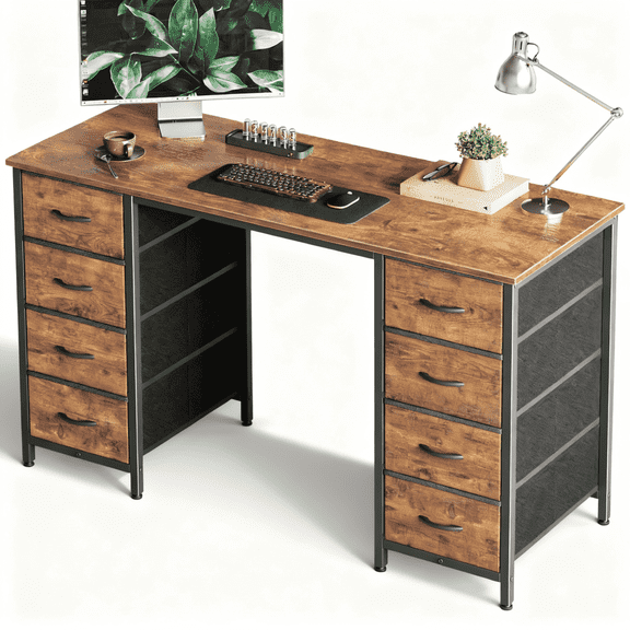 LIFERECORD 47 Inch Computer Desk with 8 Fabric Drawers Home Office Desk Workstation Study Gaming Large Storage Writing Desk Sturdy Metal Frame Brown