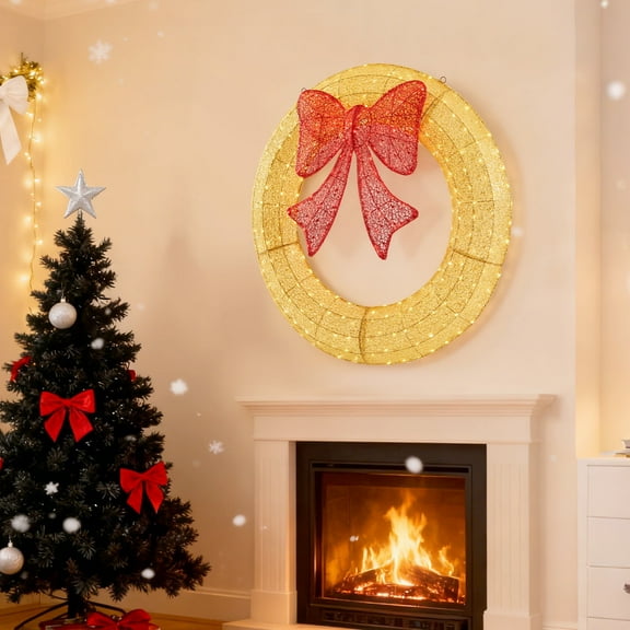 LIFERECORD 48IN Pre-Lit Christmas Wreath Decoration, 315 LED Lights Metal Holiday Decor, Easy Assembly for Home Exterior, Garden - Gold