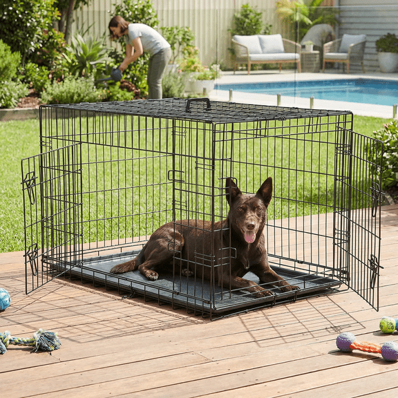 LIFERECORD 48in Extra Large Foldable Metal Dog Crate with Double Doors, Kennel with Divider Panel, Safe for Puppy Training, Home & Travel