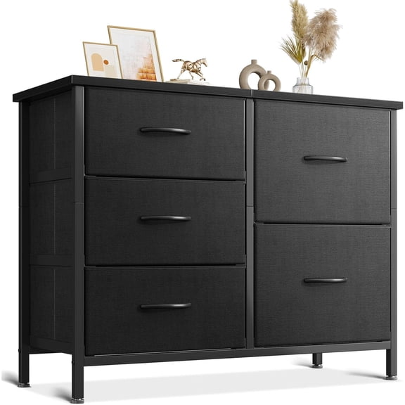 LIFERECORD 5 Drawer Fabric Dresser for Bedroom and Living Room, Chest of Drawer Organizer Storage Cabinet for Closet, Entryway, Black