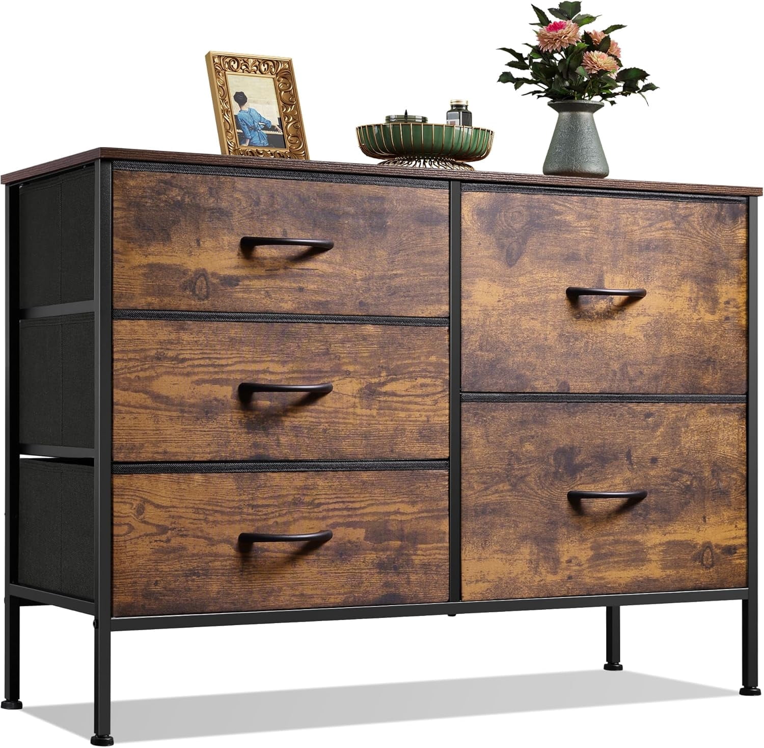 LIFERECORD 5 Drawer Fabric Dresser for Bedroom and Living Room, Chest of Drawer Organizer Storage Cabinet for Closet, Entryway, Brown