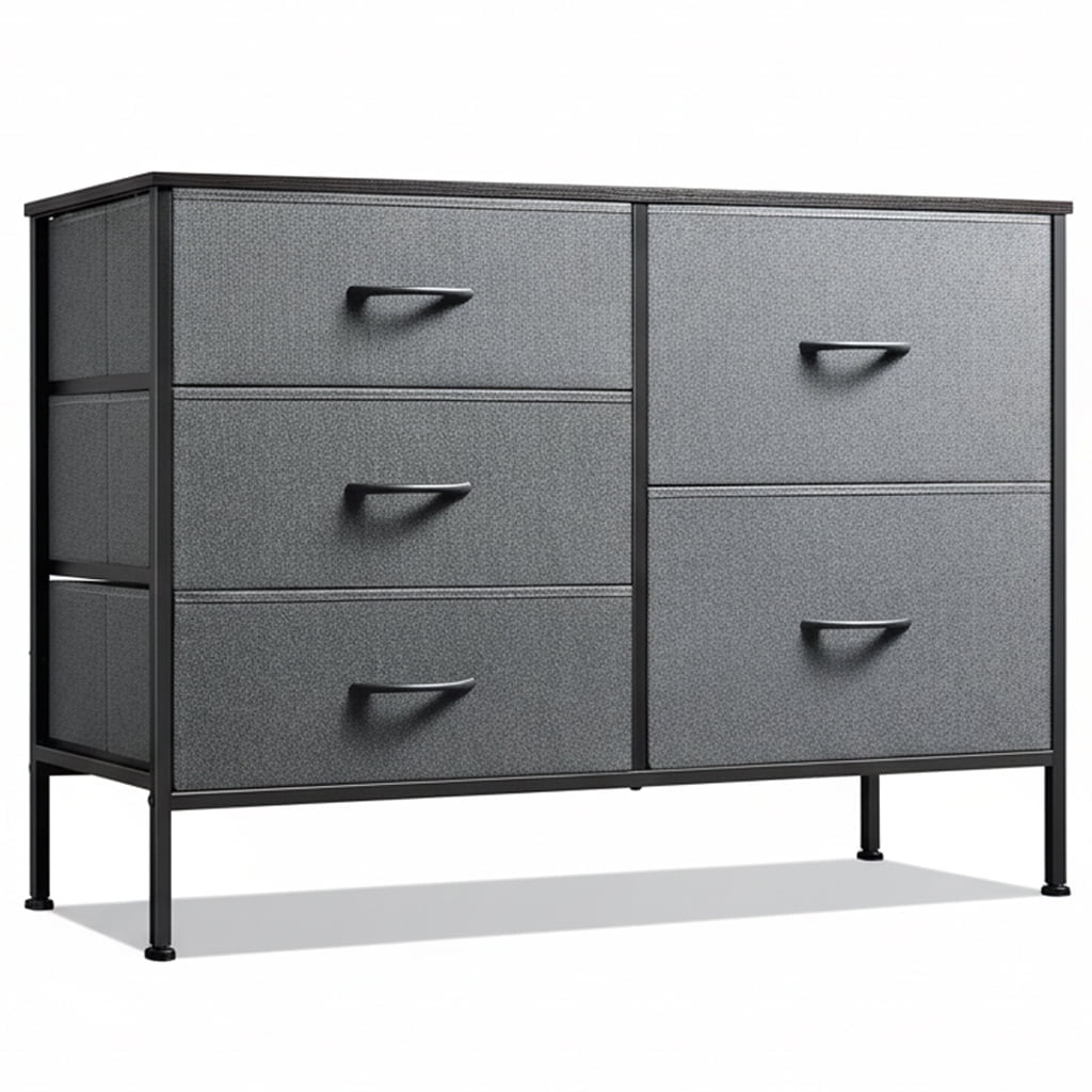 LIFERECORD 5 Drawer Fabric Dresser for Bedroom and Living Room, Chest of Drawer Organizer Storage Cabinet for Closet, Entryway, Dark Grey