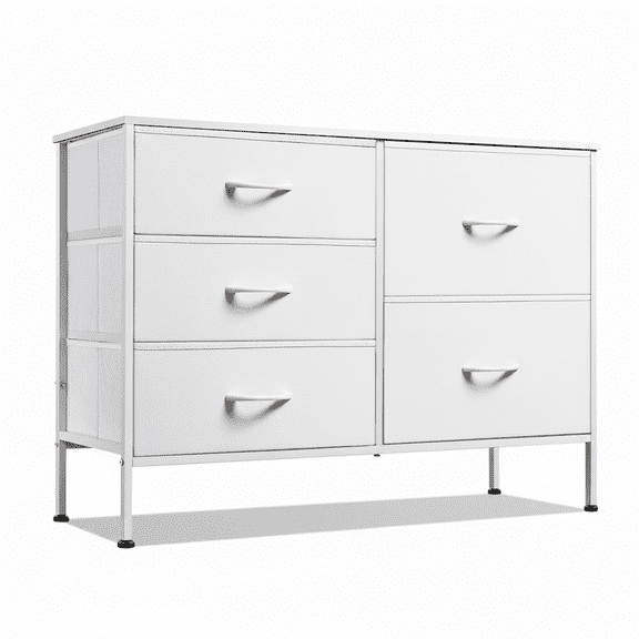 LIFERECORD 5 Drawer Fabric Dresser for Bedroom and Living Room, Chest of Drawer Organizer Storage Cabinet for Closet, Entryway, White